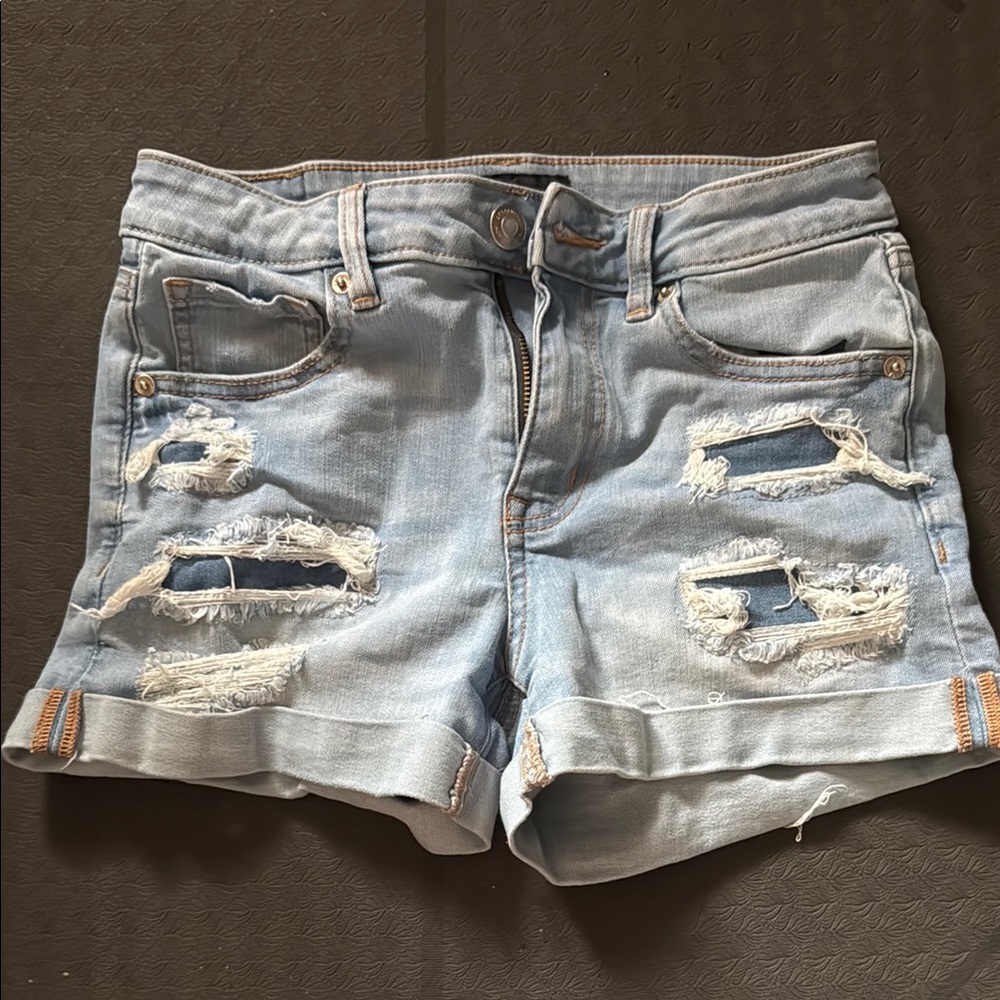 Aeropostale High Rise MIDI Distressed Light Blue Denim Shorts